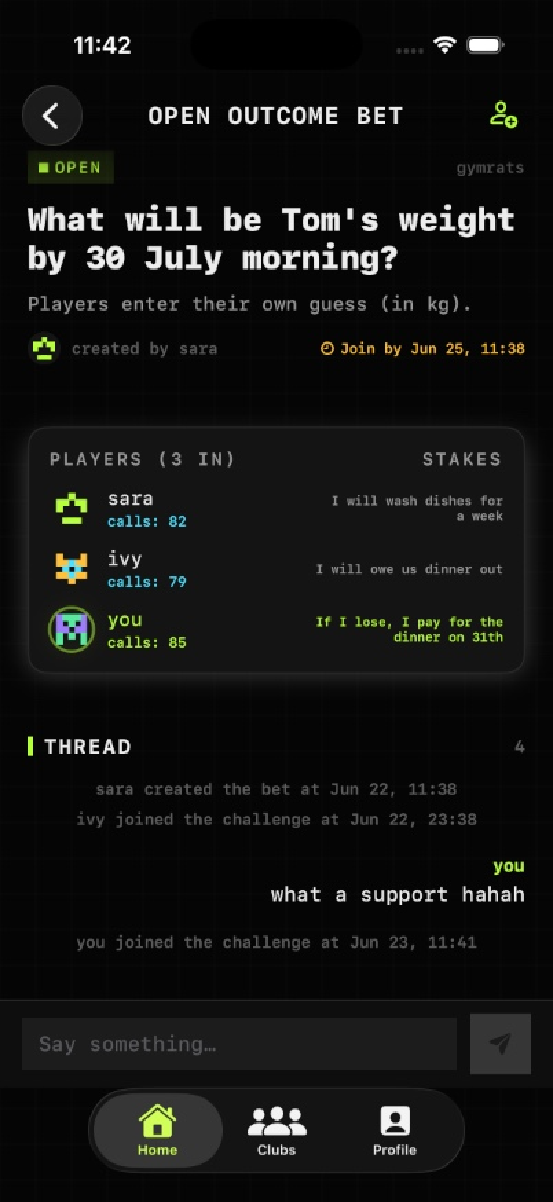 Open outcome bet with custom dare stakes