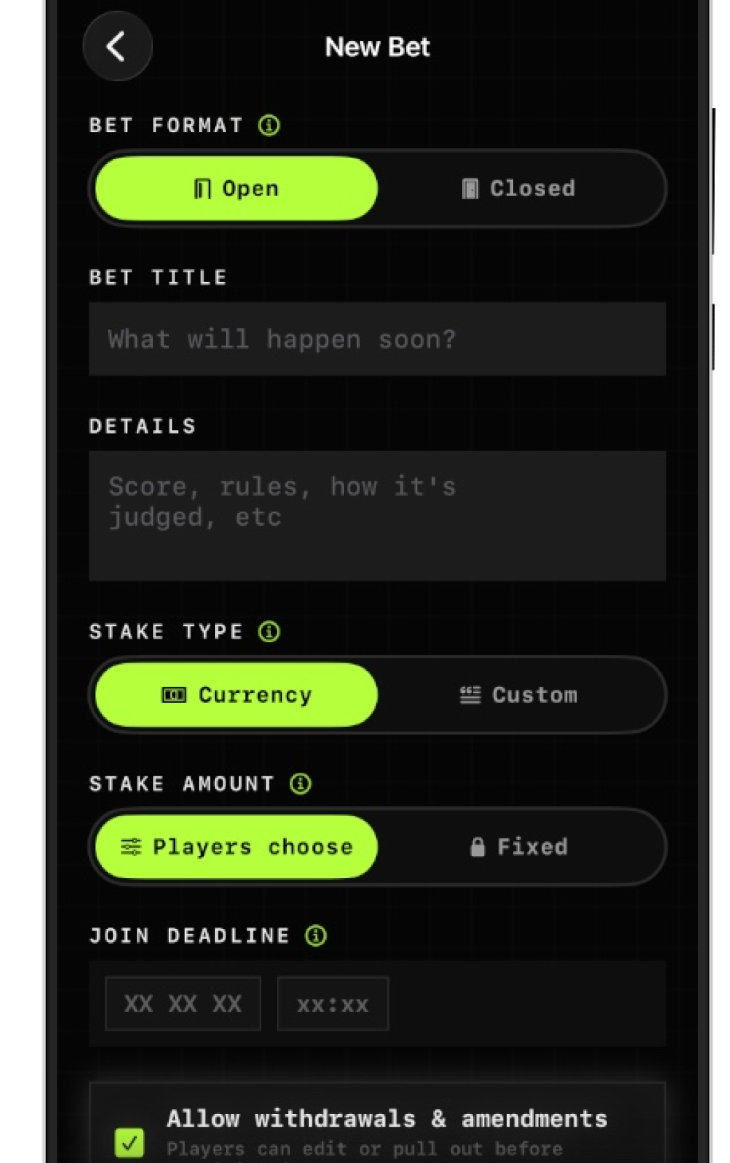 New bet creation screen